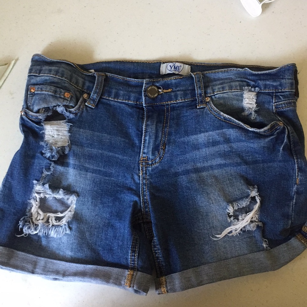 Distressed denim shorts